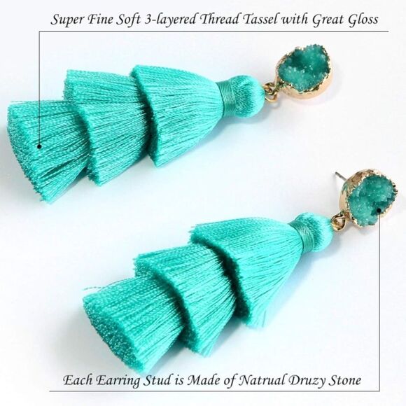 14K Yellow Gold with Turquoise Blue Silk Thread Tassel and Quartz Druzy Earrings - Picture 3 of 8